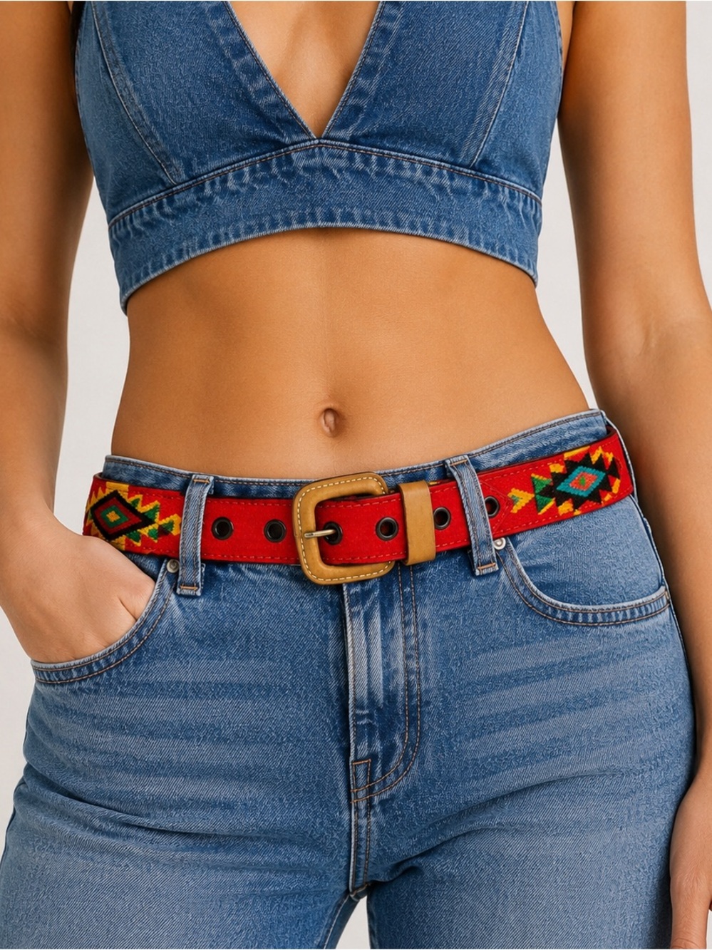 A Designs Southwestern Embroidered Leather Belt Red Boho Western 37”